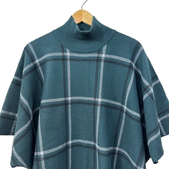 Max Studio Evergreen Plaid Sweater Cape Poncho, Oversized, OS - Picture 3 of 7